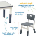 Table d'activités carrée effaçable à sec et 2 chaises en plastique à hauteur réglable, 3 pièces