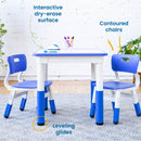 Table d'activités carrée effaçable à sec et 2 chaises en plastique à hauteur réglable, 3 pièces